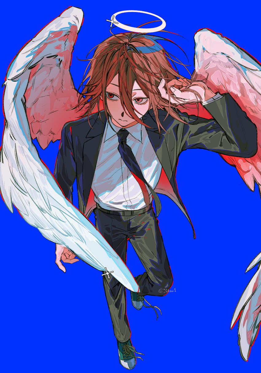 1boy, angel_devil_(chainsaw_man), angel_wings, black_jacket, black_necktie, black_pants, black_suit, blue_background