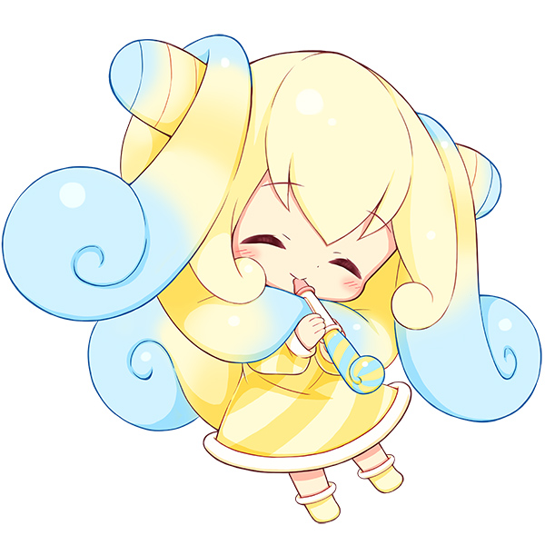 1girl, ^_^, aikei_ake, blonde_hair, blue_hair, blush, chibi, closed_eyes