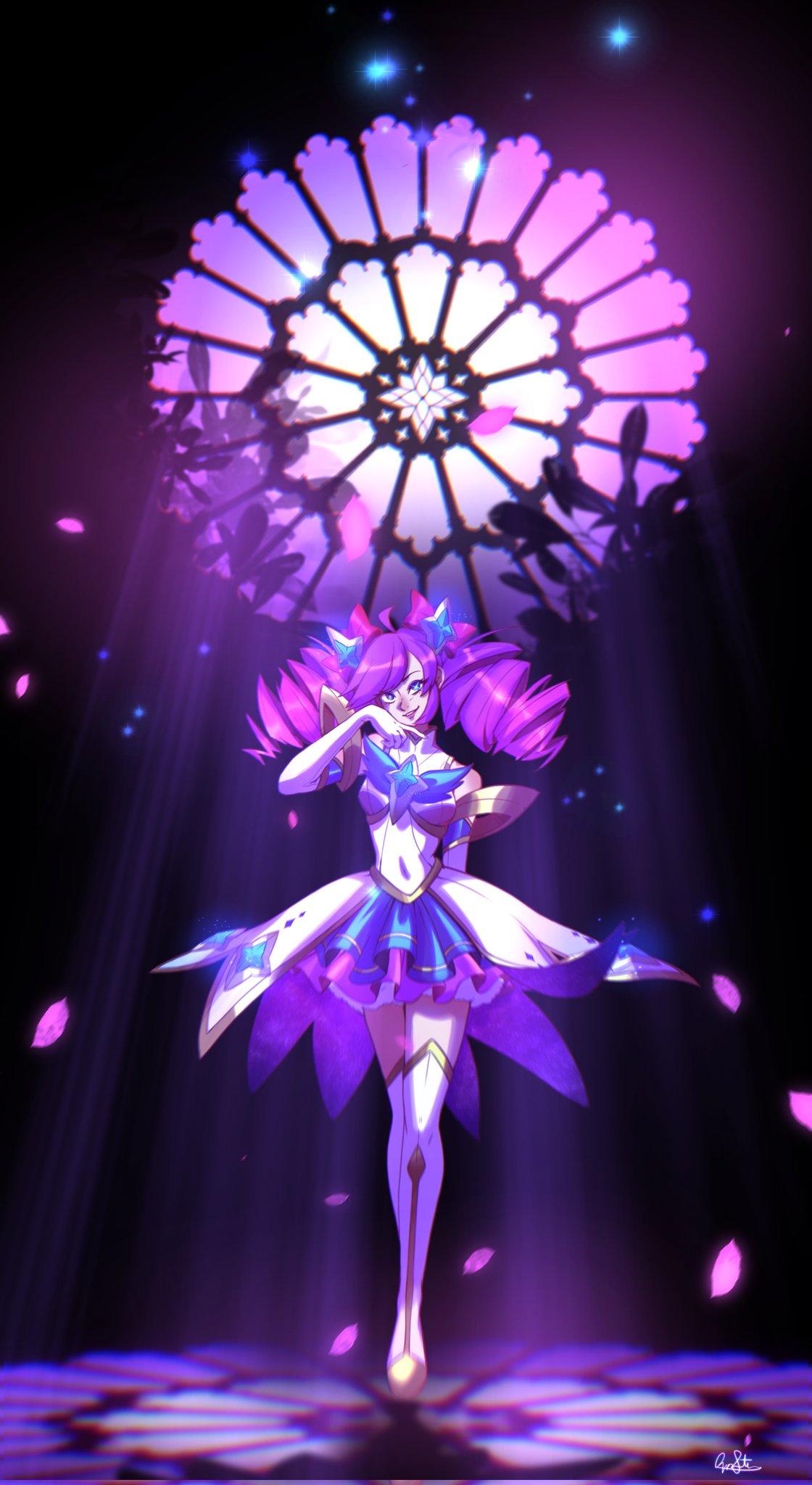1girl, blue_eyes, curly_hair, dress, frilled_dress, frills, green_stellar, gwen_(league_of_legends)