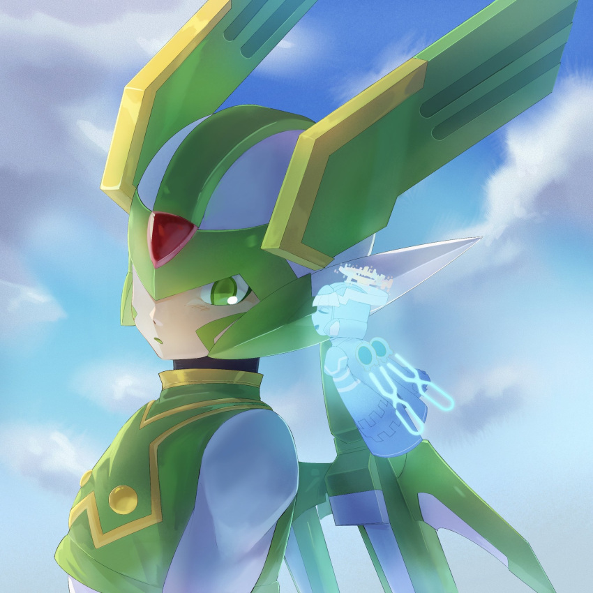 2boys, armor, cyber_elf_x_(mega_man), green_armor, green_eyes, green_helmet, halo, helmet