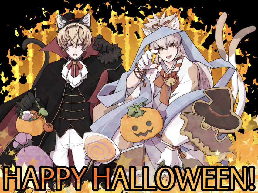 2boys, absurdres, ascot, black_hairband, blonde_hair, candy, cat, cat_boy