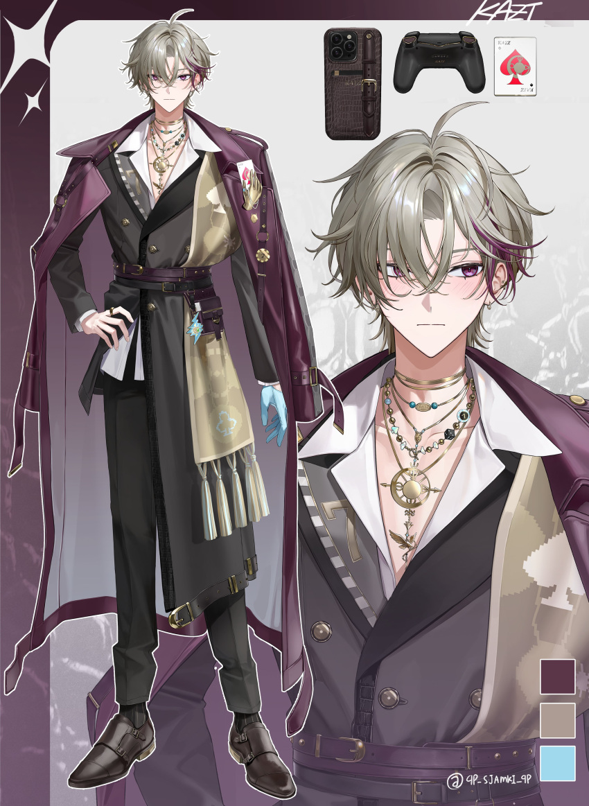 1boy, absurdres, ace_(playing_card), ace_of_spades, ahoge, arm_at_side, asymmetrical_clothes, asymmetrical_coat