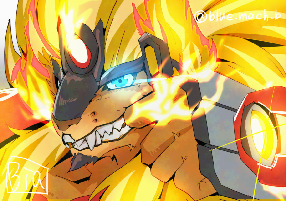 bia_(blue_mach_b), blonde_hair, blue_eyes, close-up, digimon, digimon_(creature), eye_trail, fangs