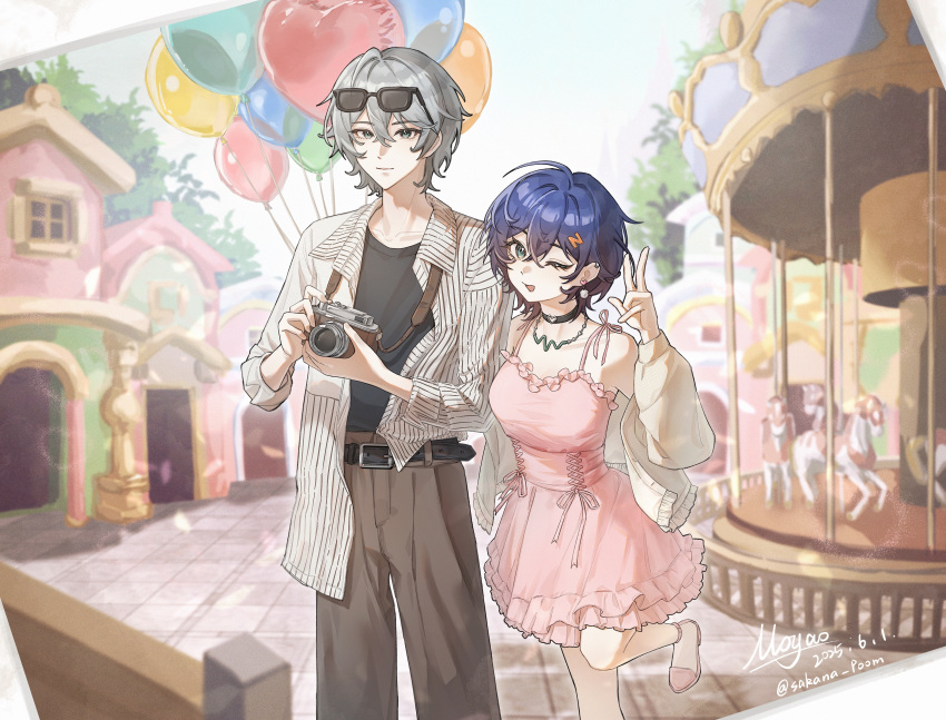 1boy, 1girl, absurdres, alternate_costume, artist_name, balletcore, balloon, belle_(zenless_zone_zero)