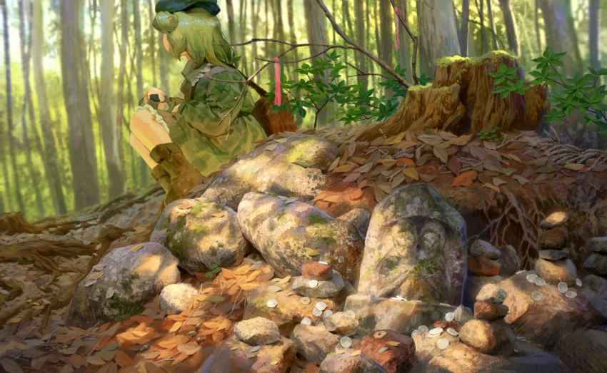 1girl, absurdres, autumn, autumn_leaves, backpack, bag, blurry, blurry_background