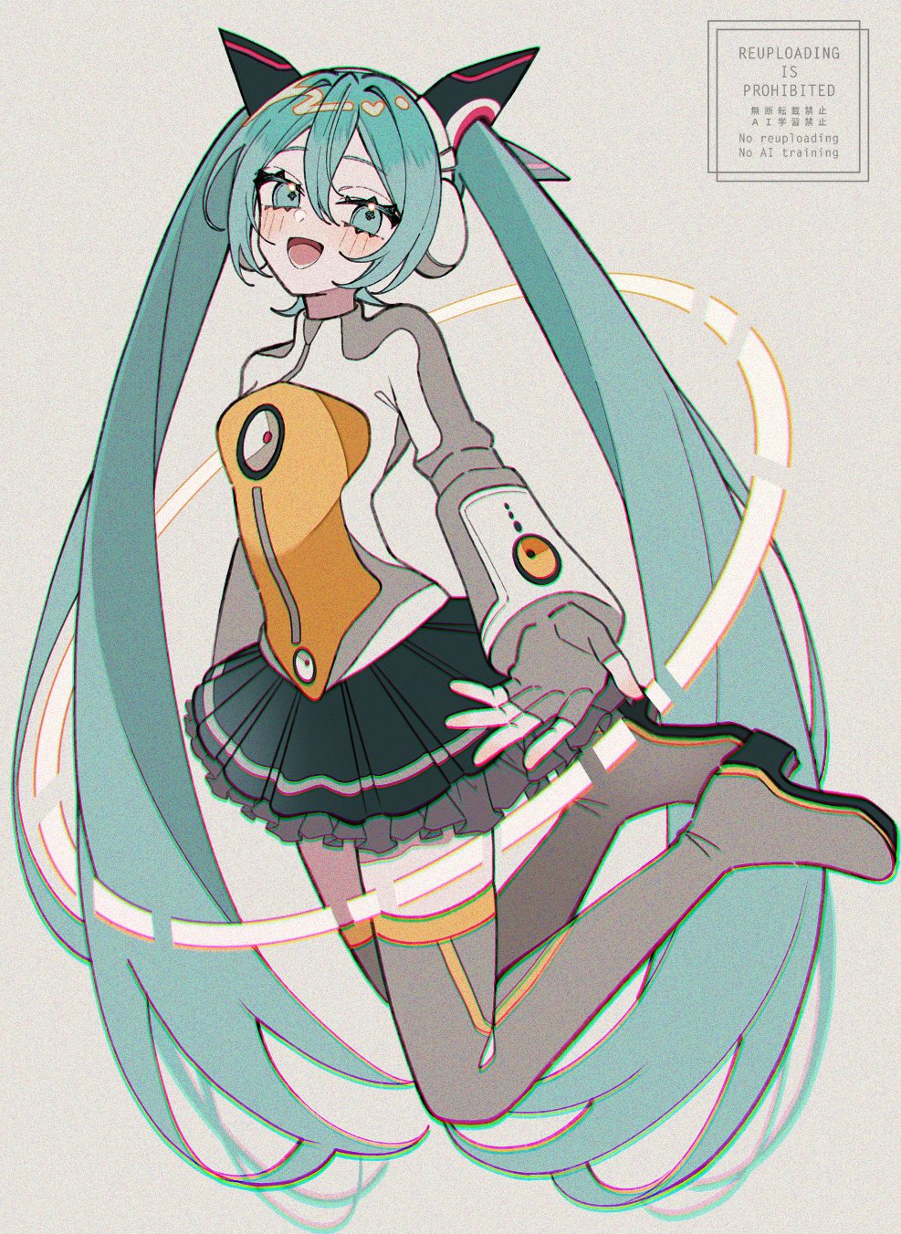 1girl, blue_eyes, blue_hair, blush, boots, commentary_request, fingerless_gloves, floating, frilled_skirt, frills, full_body, gloves, hair_ornament, hatsune_miku, hatsune_miku_(heartbeat), headphones, highres, jacket, long_hair, long_sleeves, maca1227, odds_&amp;_ends_(vocaloid), open_mouth, pleated_skirt, project_diva_(series), reaching, reaching_towards_viewer, skirt, smile, solo, thigh_boots, twintails, very_long_hair, watermark