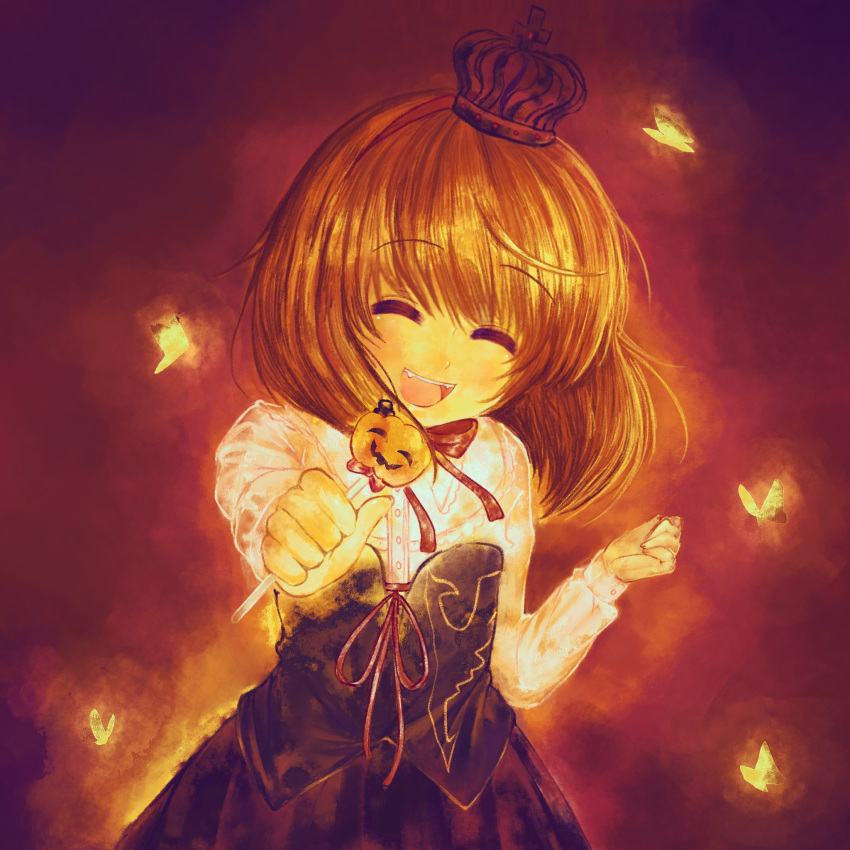 1girl, bug, butterfly, candy, closed_eyes, commentary, crown, dress
