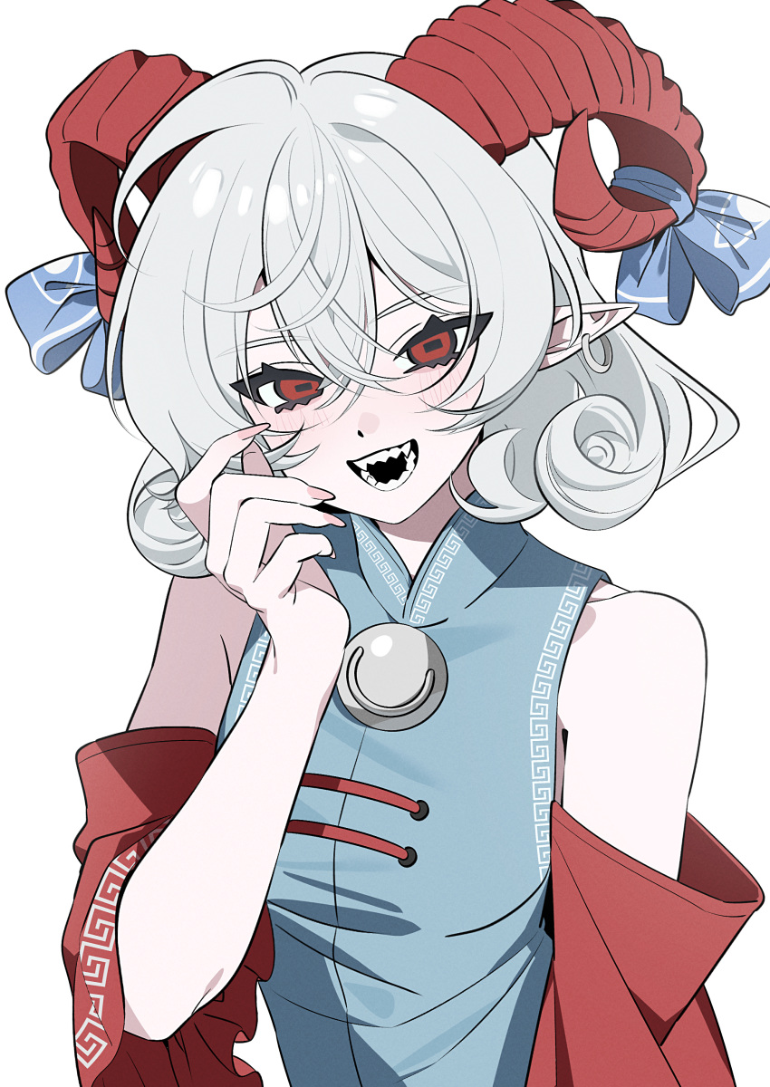 1girl, :d, absurdres, ahoge, bare_shoulders, bell_sleeves, blue_bow, bow