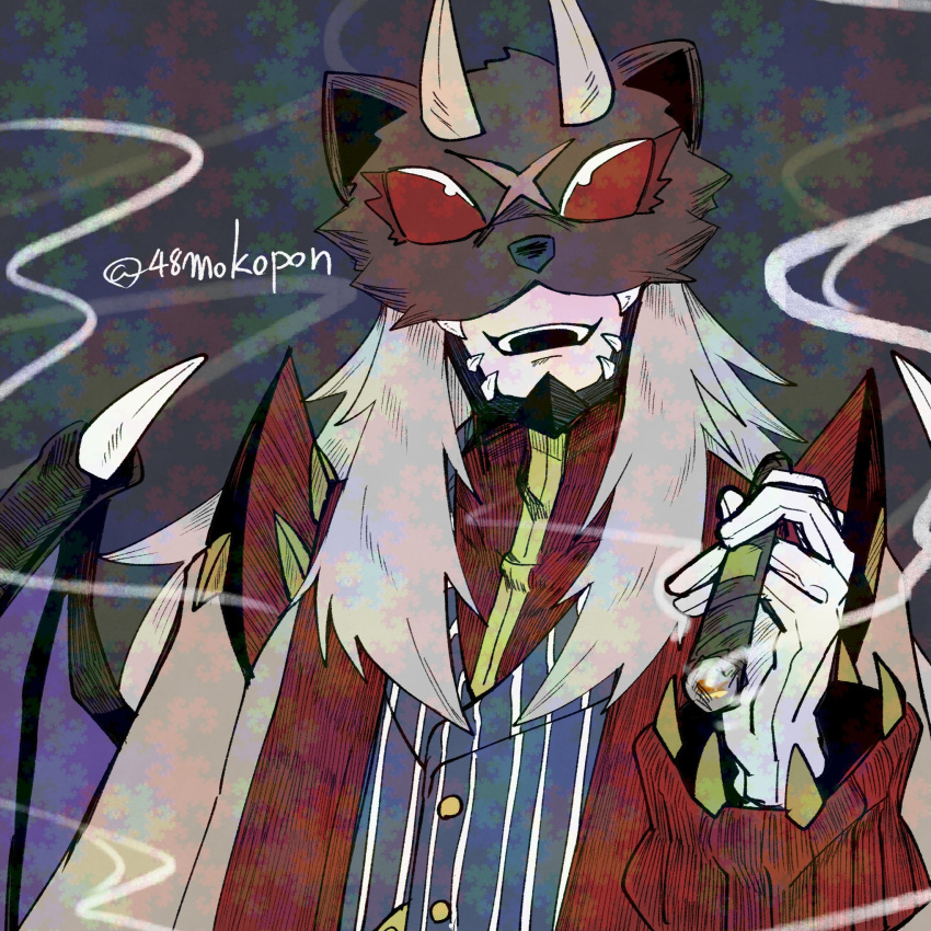 1boy, 48mokopon, astamon, blue_vest, cigar, coat, demon_boy, demon_wings