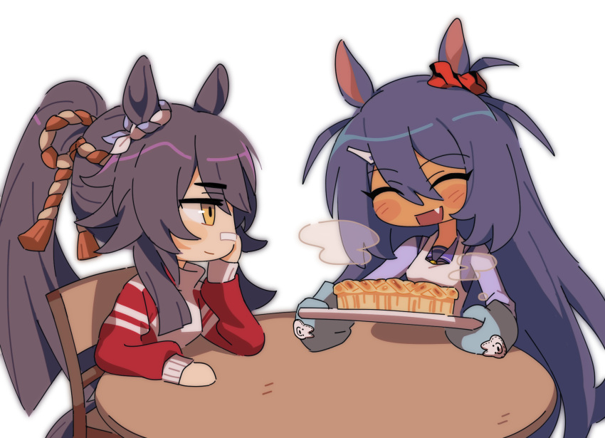 2girls, animal_ears, baking, bandaid, bandaid_on_face, bandaid_on_nose, black_hair, blush