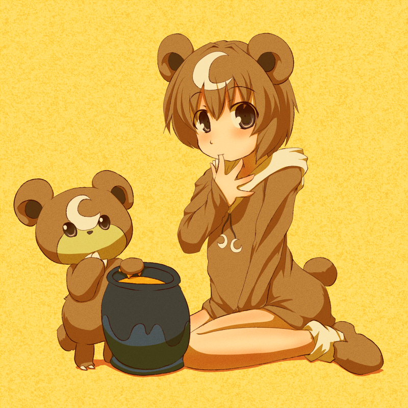 1girl, bare_legs, bear_ears, bear_tail, between_thighs, brown_eyes, brown_hair, crescent