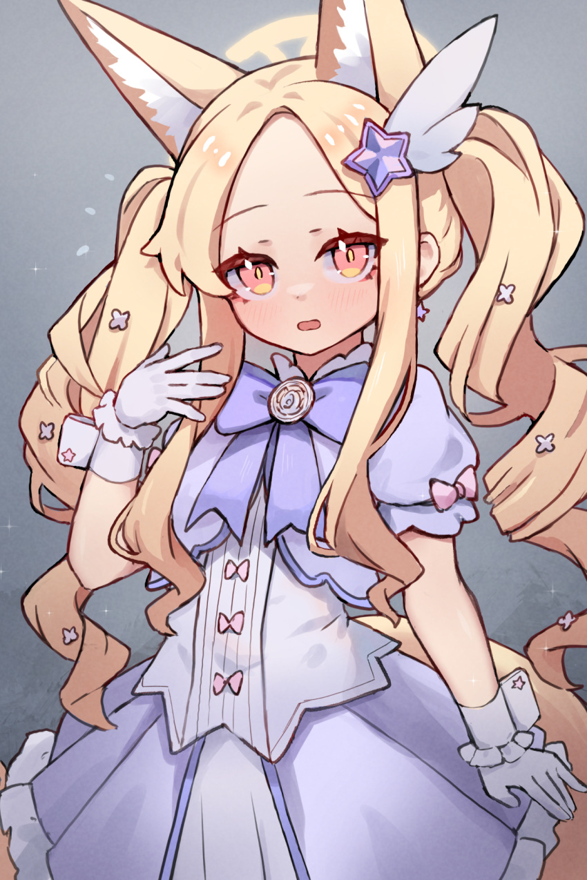1girl, animal_ears, blonde_hair, blue_archive, bow, cosplay, dress, drill_hair, extra_ears, fox_ears, fox_girl, fox_tail, gloves, gradient_background, grey_background, hair_ornament, halo, highres, long_hair, looking_at_viewer, miya_(miyaruta), open_mouth, puffy_short_sleeves, puffy_sleeves, purple_bow, purple_dress, red_eyes, reisa_(blue_archive), reisa_(blue_archive)_(cosplay), reisa_(magical)_(blue_archive), seia_(blue_archive), short_sleeves, solo, star_(symbol), star_hair_ornament, tail, twin_drills, twintails, white_gloves, white_wrist_cuffs, wing_hair_ornament, wrist_cuffs, yellow_halo