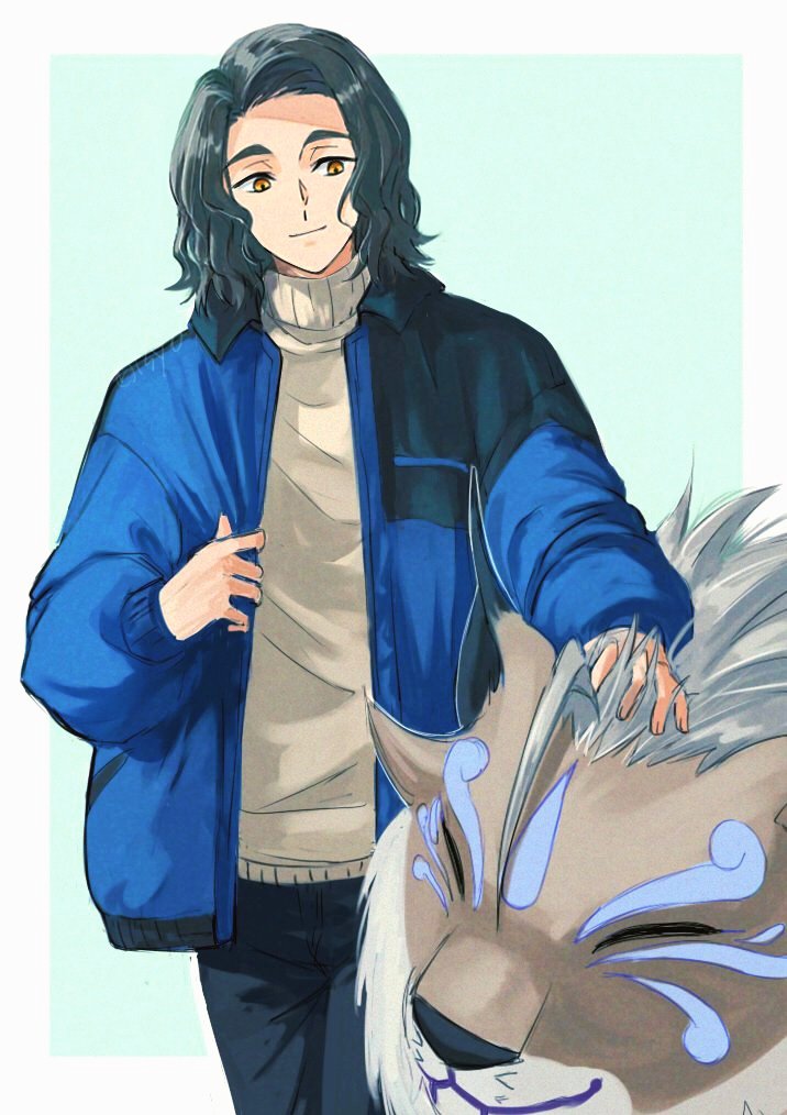 1boy, black_hair, black_jacket, black_pants, blue_jacket, border, cougarmon, cowboy_shot, digimon, digimon_(creature), digimon_beatbreak, green_background, jacket, pants, risyo, sawashiro_kyo, short_hair, simple_background, solo_focus, sweater, white_border, white_sweater, yellow_eyes