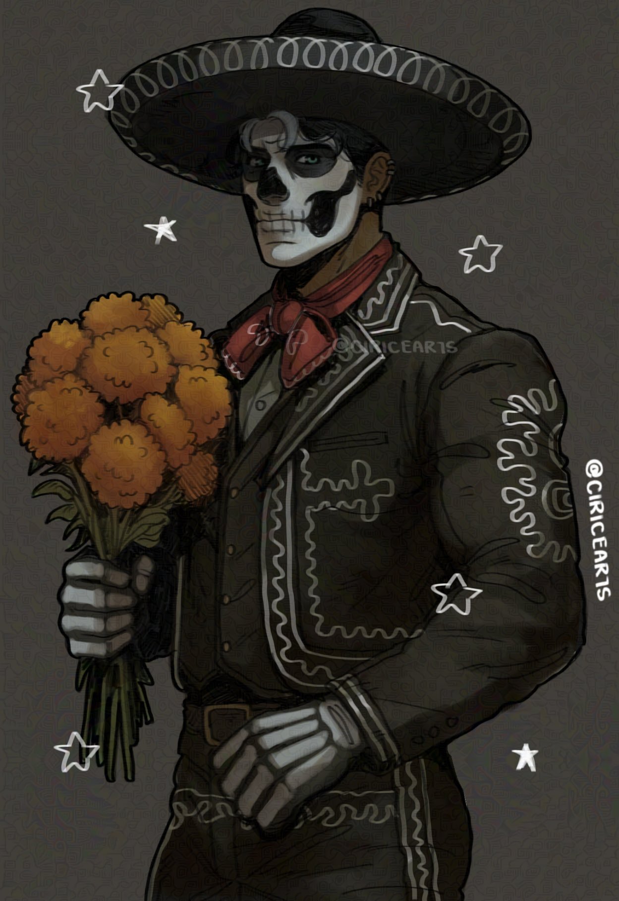 1boy, artist_name, batman_(series), black_hair, blue_eyes, calavera, charro, ciricearts, dc_comics, dia_de_muertos, hat, highres, jason_todd, male_focus, mariachi, mexican_clothes, mexico, muscular, muscular_male, pants, short_hair, skull_facepaint, sombrero, twitter_username