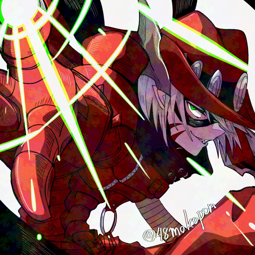 1boy, 48mokopon, coat, digimon, digimon_(creature), green_eyes, grey_hair, hat