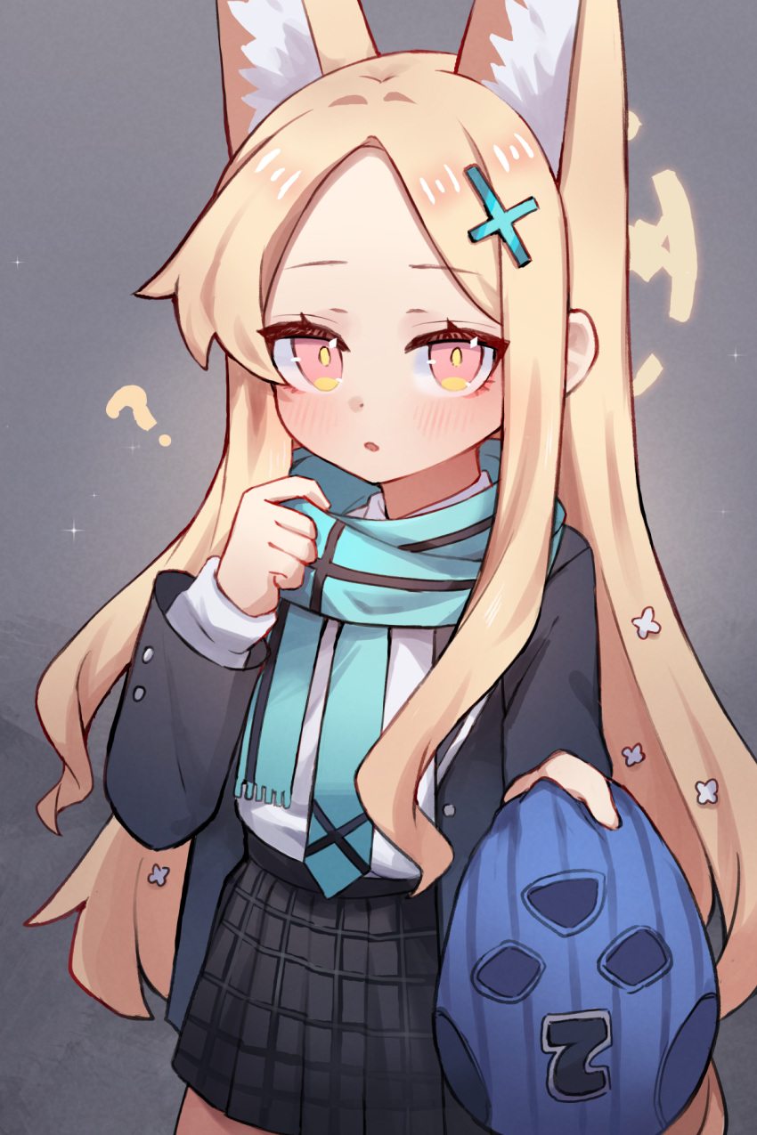 1girl, ?, animal_ear_fluff, animal_ears, black_jacket, black_skirt, blazer, blonde_hair