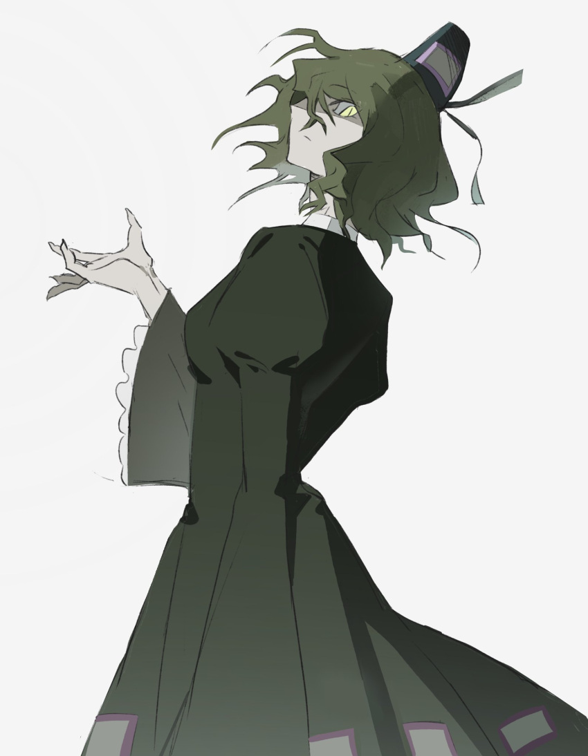 1girl, cowboy_shot, dress, from_side, green_dress, green_eyes, green_hair, hat, highres, juliet_sleeves, long_sleeves, perro090119, puffy_sleeves, short_hair, sideways_glance, slit_pupils, soga_no_tojiko, solo, tate_eboshi, ten_desires, touhou, white_background