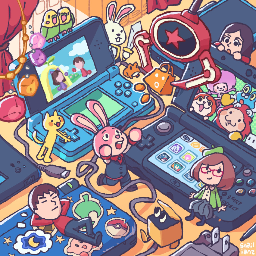 1boy, 2girls, absurdres, animal_costume, arcade_bunny, artist_name, bag, bird, black_eyes, black_hair, boxboy!, brown_hair, buck_teeth, cable, cat, charger, chibi, closed_eyes, crane_game, curtains, eshop_bag, flipnote_studio, food, froakie, frog_(flipnote_studio), fruit, game_boy, game_console, glasses, handheld_game_console, hat, highres, holding, holding_handheld_game_console, holding_sword, holding_weapon, indoors, isometric, jibanyan, kirby, looking_up, lying, mallo_(pushmo), mii_(nintendo), mini_person, minigirl, multiple_boys, multiple_girls, nikki_(swapnote), nintendo, nintendo_3ds, nintendo_badge_arcade, nintendo_ds, nintendo_eshop, nintendo_switch, on_back, open_mouth, parrot, pencil, poke_ball, poke_ball_(basic), pokemon, pokemon_(creature), pokemon_xy, pushmo_(series), rabbit, rabbit_costume, red-framed_eyewear, red_shirt, resting, rhythm_tengoku, screen, shirt, short_hair, skirt, sleeping, smile, snailianz, star_(symbol), stylus, suit, surprised, swapnote, sword, teeth, weapon, youkai_watch