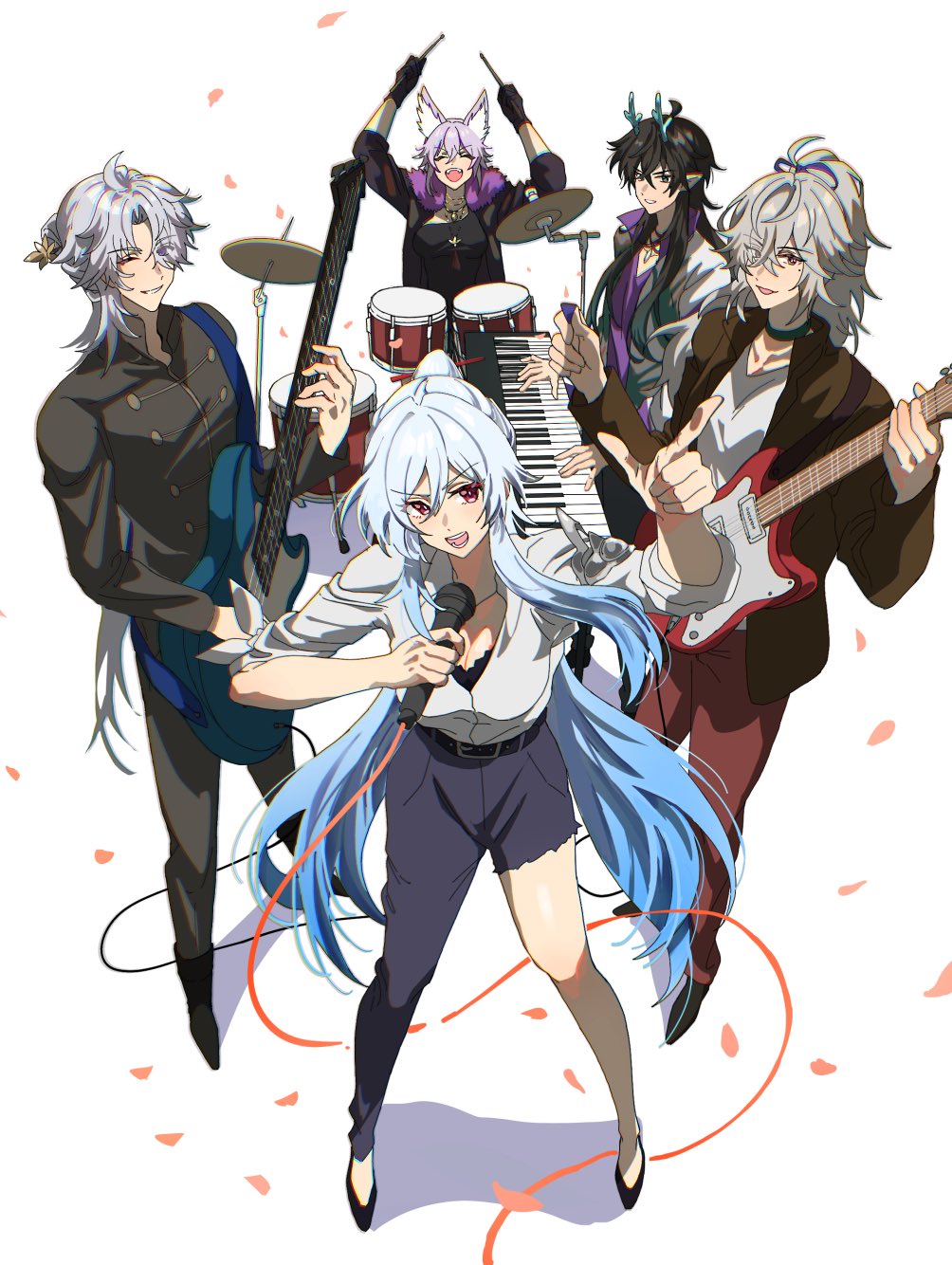 2girls, 3boys, alternate_costume, animal_ear_fluff, animal_ears, baiheng_(honkai:_star_rail), belt, black_hair, blade_(honkai:_star_rail), blue_hair, choker, closed_eyes, dan_feng_(honkai:_star_rail), dan_heng_(honkai:_star_rail), dan_heng_(imbibitor_lunae)_(honkai:_star_rail), dragon_boy, dragon_horns, drum, drumsticks, electric_guitar, fox_ears, fox_girl, fur_trim, gloves, guitar, hair_bun, hashtag-only_commentary, high-cloud_quintet_(honkai:_star_rail), high_ponytail, highres, honkai:_star_rail, honkai_(series), horns, instrument, jacket, jing_yuan, jingliu_(honkai:_star_rail), long_hair, lux_stellae, microphone, multiple_boys, multiple_girls, pants, petals, piano, ponytail, purple_hair, red_eyes, rock, shirt, smile, very_long_hair, white_background, white_hair, yingxing_(honkai:_star_rail)
