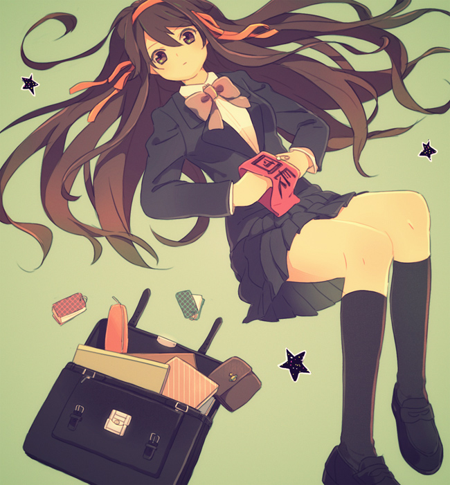alternate_costume, alternate_hairstyle, armband, bag, brown_eyes, brown_hair, hair_ribbon, long_hair