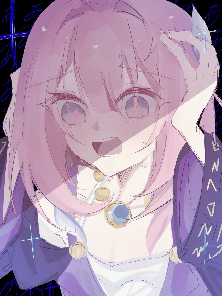 1girl, blue_eyes, collarbone, crying, cyrene_(aedes_elysiae)_(honkai:_star_rail), cyrene_(honkai:_star_rail), dress, gomenutude, highres, honkai:_star_rail, honkai_(series), medium_hair, open_mouth, pink_hair, purple_dress, solo