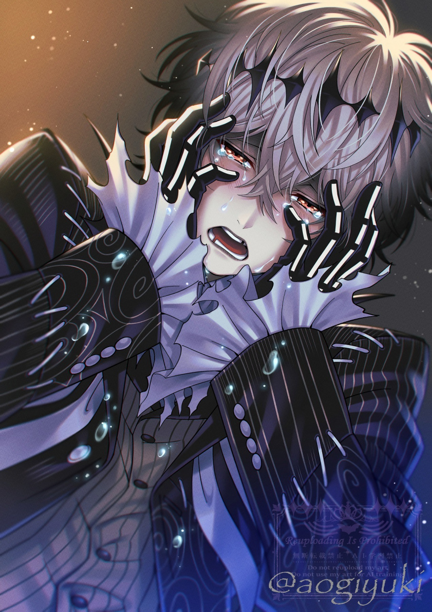 1boy, aogiyuki, artist_name, black_gloves, black_jacket, blush, buttons, commentary_request
