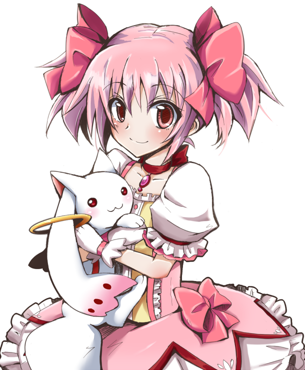 hug, kaname_madoka, kyubey, mahou_shoujo_madoka_magica, pink_eyes, pink_hair, shinji_(udonteishoku), short_hair