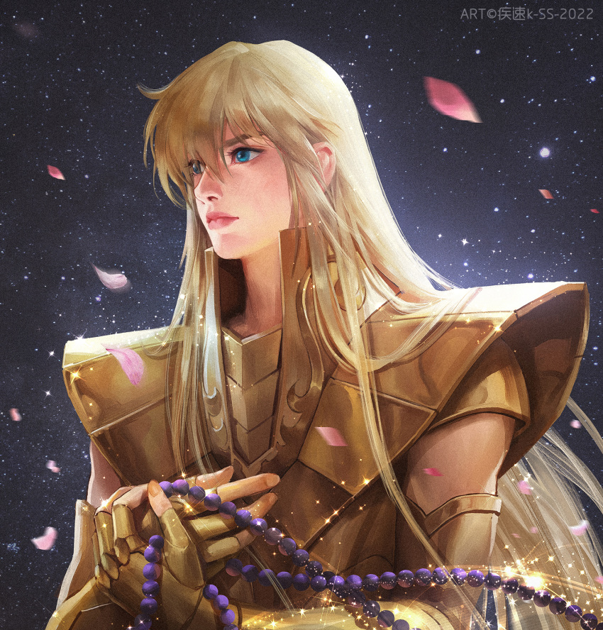 1boy, androgynous, armor, bead_necklace, beads, blonde_hair, blue_eyes, closed_mouth