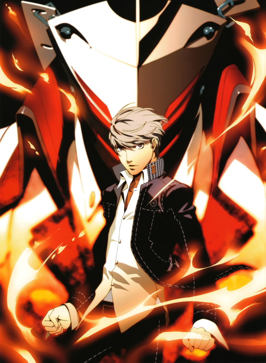 fire, grey_eyes, grey_hair, highres, izanagi, izanagi_no_okami, male, narukami_yuu, persona, persona_4, school_uniform, soejima_shigenori