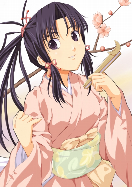 black_eyes, black_hair, face, fan, haruka_(sister_princess), japanese_clothes, kimono, long_hair, mizugame, ponytail, sister_princess, solo