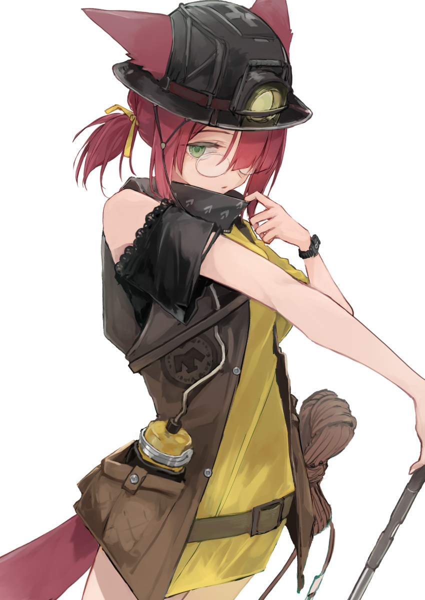 1girl, absurdres, adjusting_collar, animal_ears, arknights, belt, brown_vest, cowboy_shot, ears_through_headwear, glasses, green_eyes, hair_over_one_eye, hashtag-only_commentary, highres, looking_at_viewer, mining_helmet, myrrh_(arknights), myrrh_(bitter_herbs)_(arknights), open_clothes, open_vest, red_hair, rope, round_eyewear, shirt, short_sleeves, simple_background, solo, tokorinowa, vest, white_background, yellow_shirt