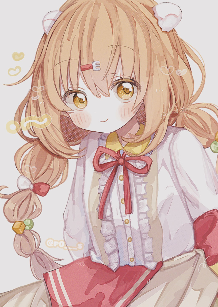 1girl, apron, arms_behind_back, back_bow, blush, bow, braid, brown_apron