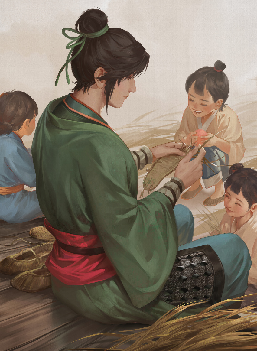 1boy, 3girls, absurdres, black_hair, child, closed_mouth, commentary_request, hair_bun