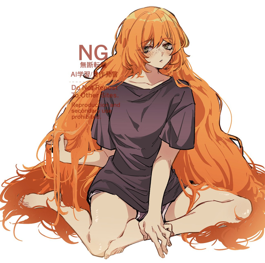 1girl, absurdly_long_hair, alternate_costume, breasts, collarbone, freckles, green_eyes, grey_shorts, highres, ishmael_(project_moon), limbus_company, long_hair, medium_breasts, no_hair_ornament, orange_hair, project_moon, short_sleeves, shorts, sidelocks, simple_background, sitting, solo, very_long_hair, vx7givcony78710, white_background, yokozuwari