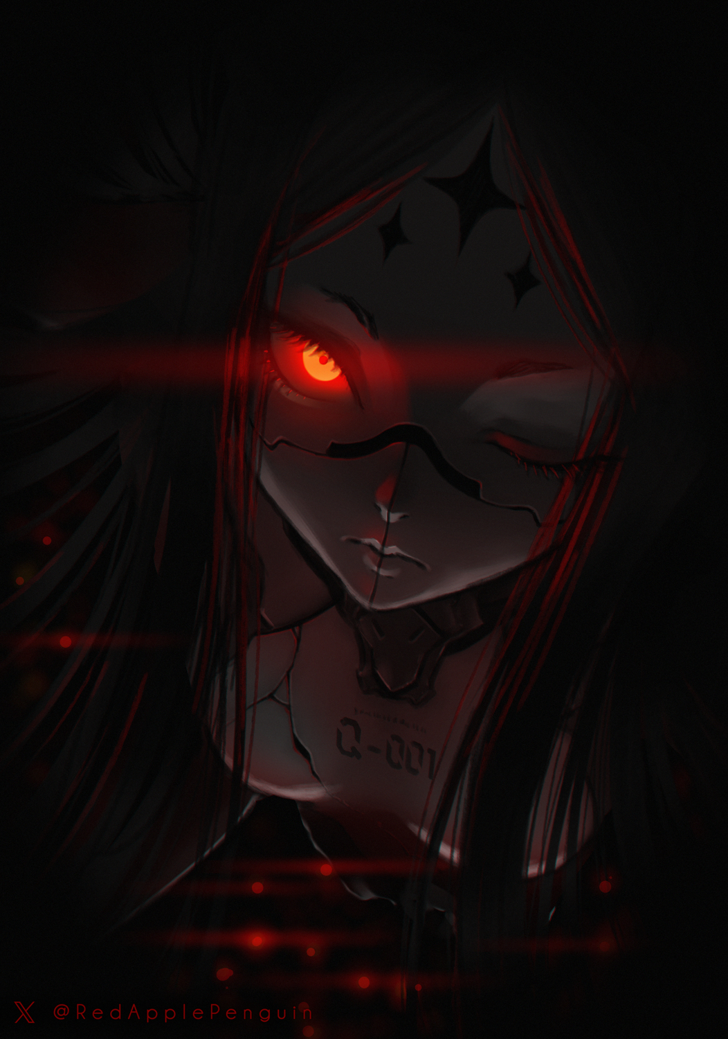 1girl, black_hair, breasts, english_commentary, glowing, glowing_eye, goddess_of_victory:_nikke, highres