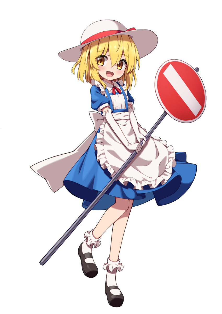 1girl, :d, absurdres, apron, black_shoes, blonde_hair, blue_dress, blush