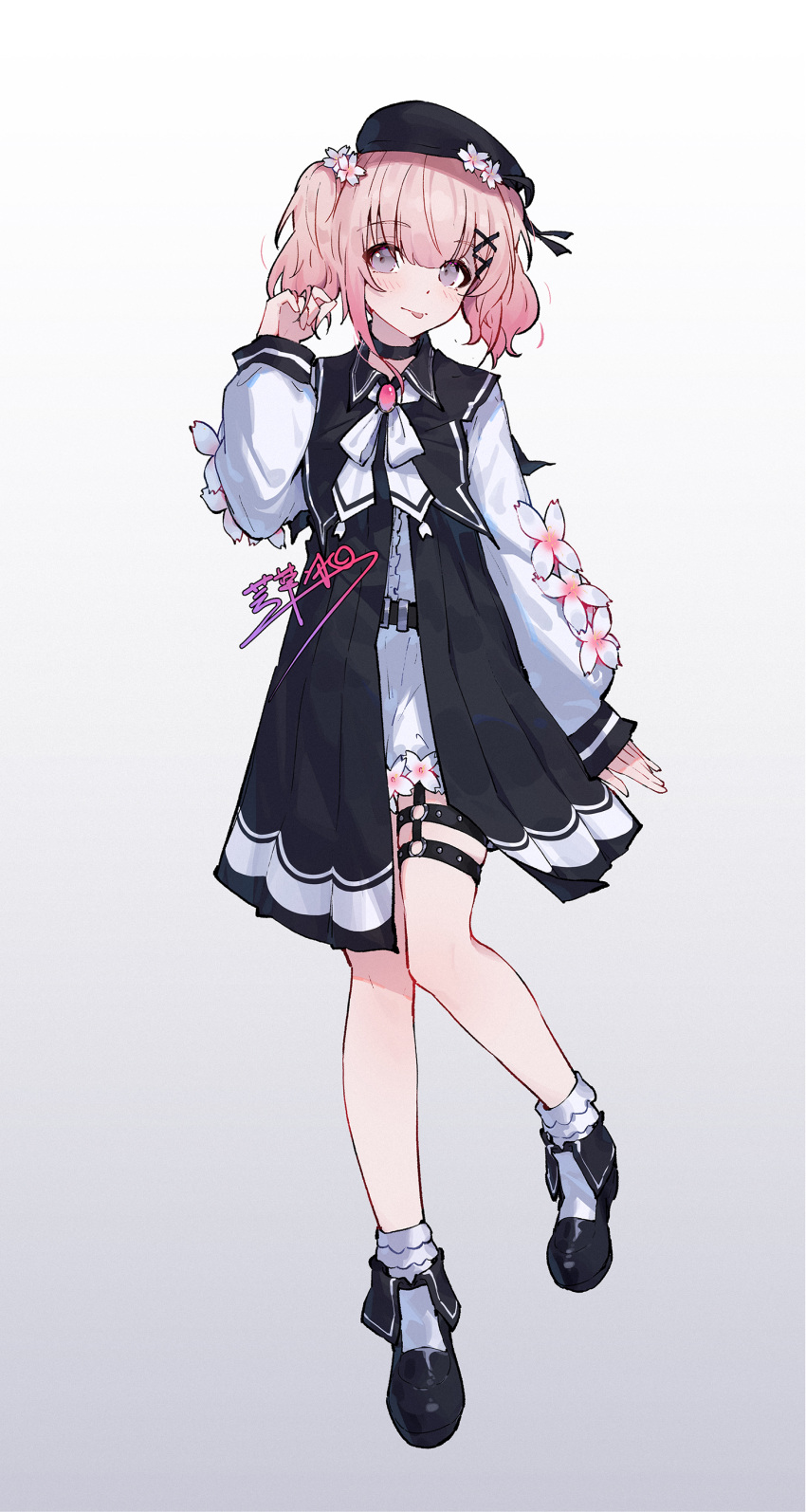 1girl, absurdres, black_choker, black_coat, black_hat, black_shoes, chinese_commentary, choker