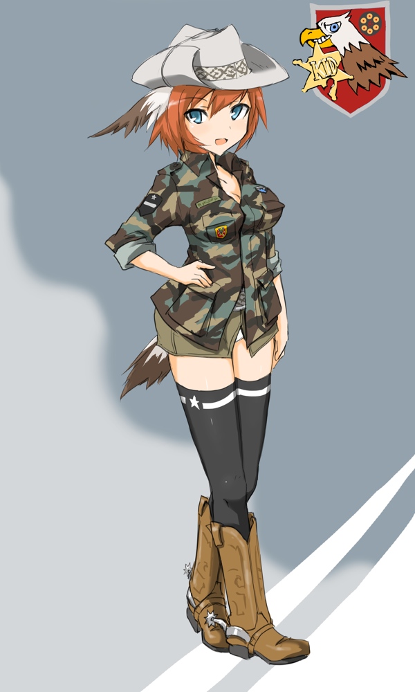 blue_eyes, boots, camouflage, commentary, commentary_request, cowboy_boots, cowboy_hat, feathers