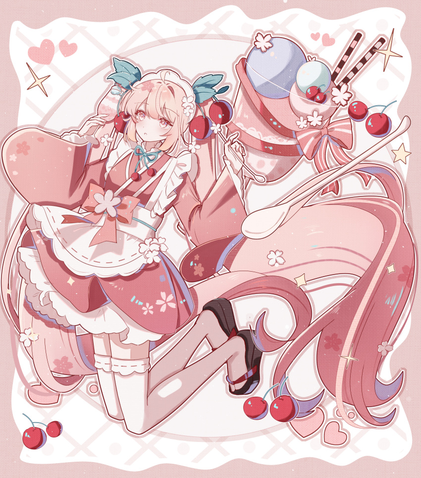 1girl, absurdres, ahoge, apron, bg5120, black_sandals, blush, cherry
