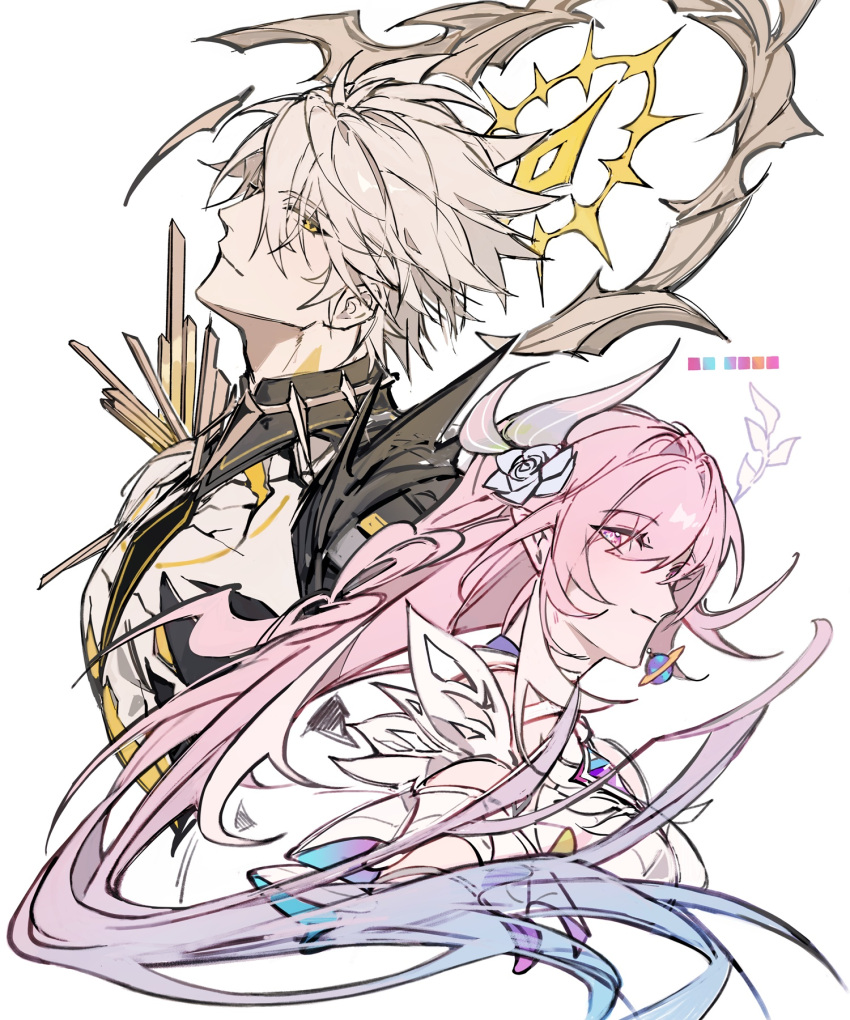 1boy, 1girl, blonde_hair, blue_hair, breasts, cracked_skin, cyrene_(honkai:_star_rail), cyrene_(ripples_of_past_reverie)_(honkai:_star_rail)