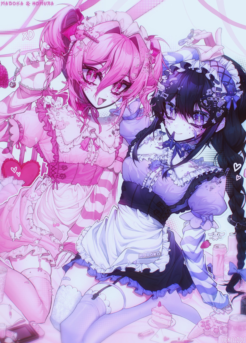 2girls, :d, akemi_homura, apron, black_hair, bow, braid, breasts, cake, cake_slice, can, commentary, double-parted_bangs, dress, drink_can, english_commentary, food, garter_straps, hair_between_eyes, hair_bow, hair_intakes, hair_ornament, hand_up, hello7692, highres, holding, kaname_madoka, long_hair, looking_at_viewer, mahou_shoujo_madoka_magica, maid, maid_apron, maid_headdress, monster_energy, mouth_hold, multiple_girls, open_mouth, pink_bow, pink_dress, pink_eyes, pink_hair, pink_ribbon, pink_thighhighs, purple_bow, purple_dress, purple_thighhighs, ribbon, short_hair, short_twintails, sitting, small_breasts, smile, thigh-highs, twintails, violet_eyes, white_apron