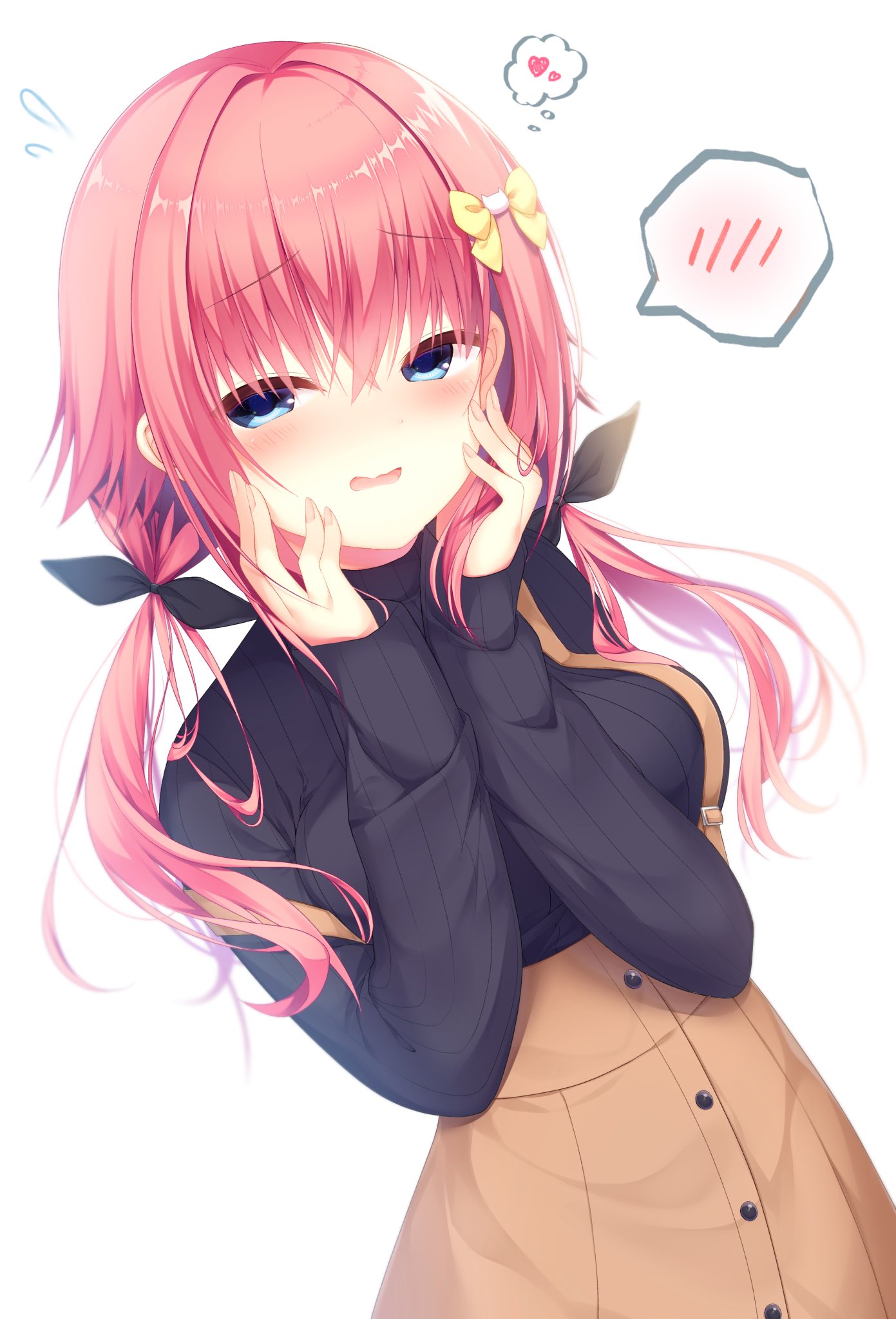 1girl, black_bow, black_sweater, blue_eyes, blush, bow, breasts, brown_skirt, buttons, cat_hair_ornament, commentary, cowboy_shot, crossed_bangs, dutch_angle, embarrassed, fingernails, flying_sweatdrops, furrowed_brow, fuwa_mochiri, hair_between_eyes, hair_bow, hair_intakes, hair_ornament, half-closed_eyes, hamidashi_creative, hands_on_own_cheeks, hands_on_own_face, hands_up, happy, heart, high-waist_skirt, highres, large_breasts, long_hair, looking_at_viewer, low_twintails, open_mouth, pink_hair, ribbed_sweater, simple_background, skirt, sleeves_past_wrists, solo, speech_bubble, spoken_blush, spoken_heart, suspender_skirt, suspenders, sweater, thought_bubble, tokiwa_kano, turtleneck, turtleneck_sweater, twintails, wavy_mouth, white_background, yellow_bow