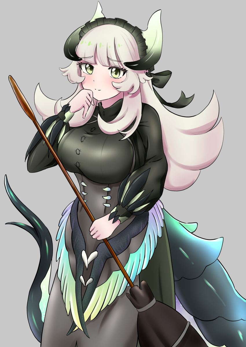 1girl, absurdres, blush, broom, chamber_dragonmaid, closed_mouth, dragon_girl, dragon_horns