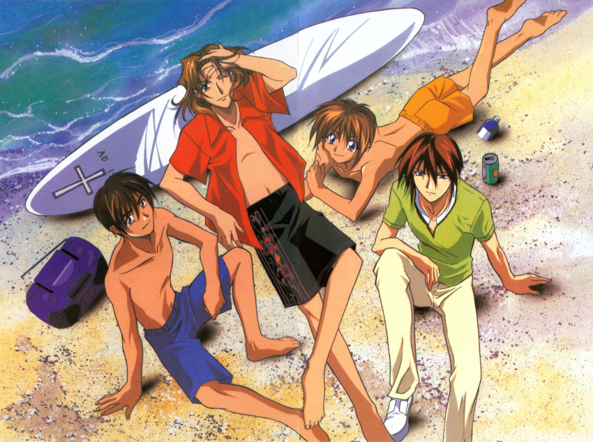 4boys, absurdres, barefoot, beach, blue_eyes, brown_hair, day, from_above