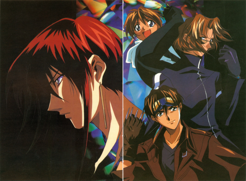 1990s_(style), 4boys, absurdres, black_hair, brown_eyes, brown_hair, claw_(weapon), fujimiya_ran