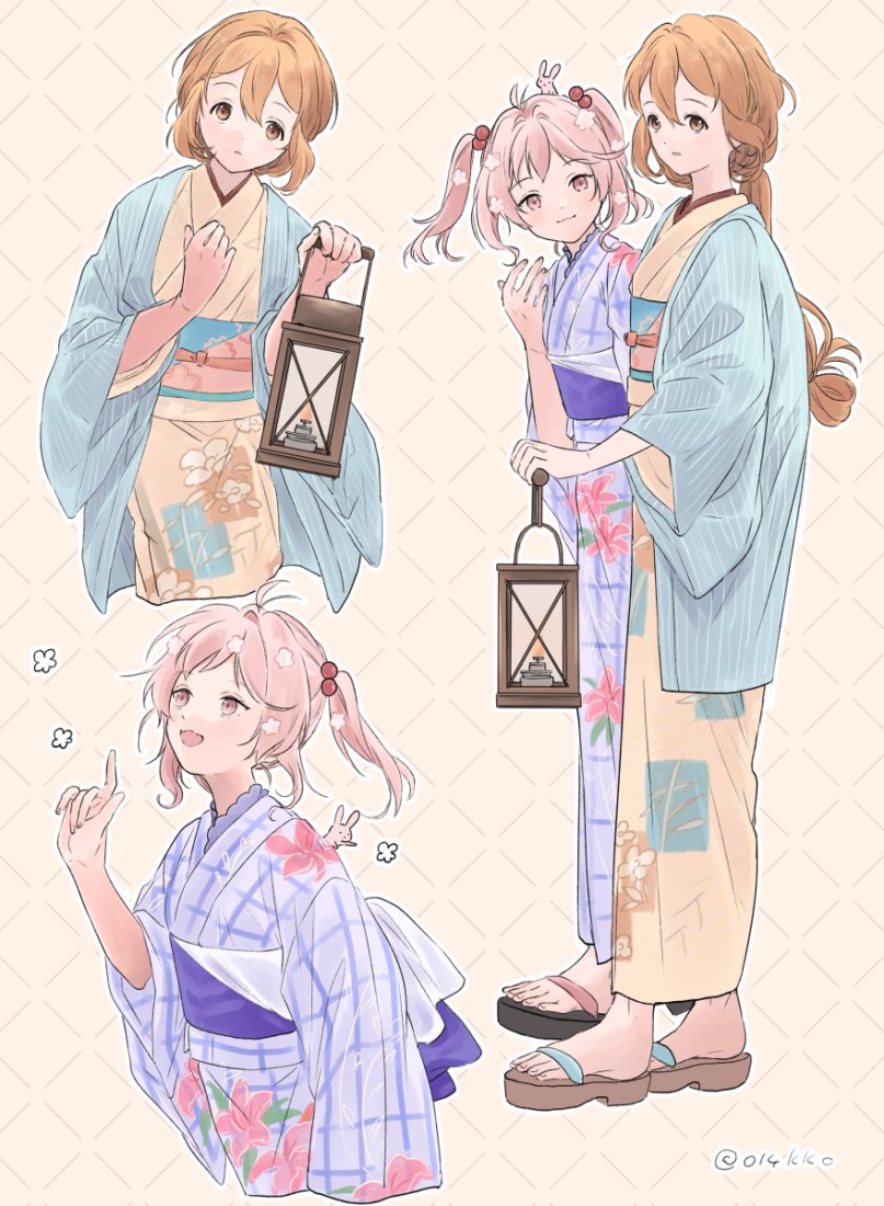 2girls, animal_on_head, blue_haori, brown_eyes, brown_hair, cowboy_shot, floral_print, folded_hair