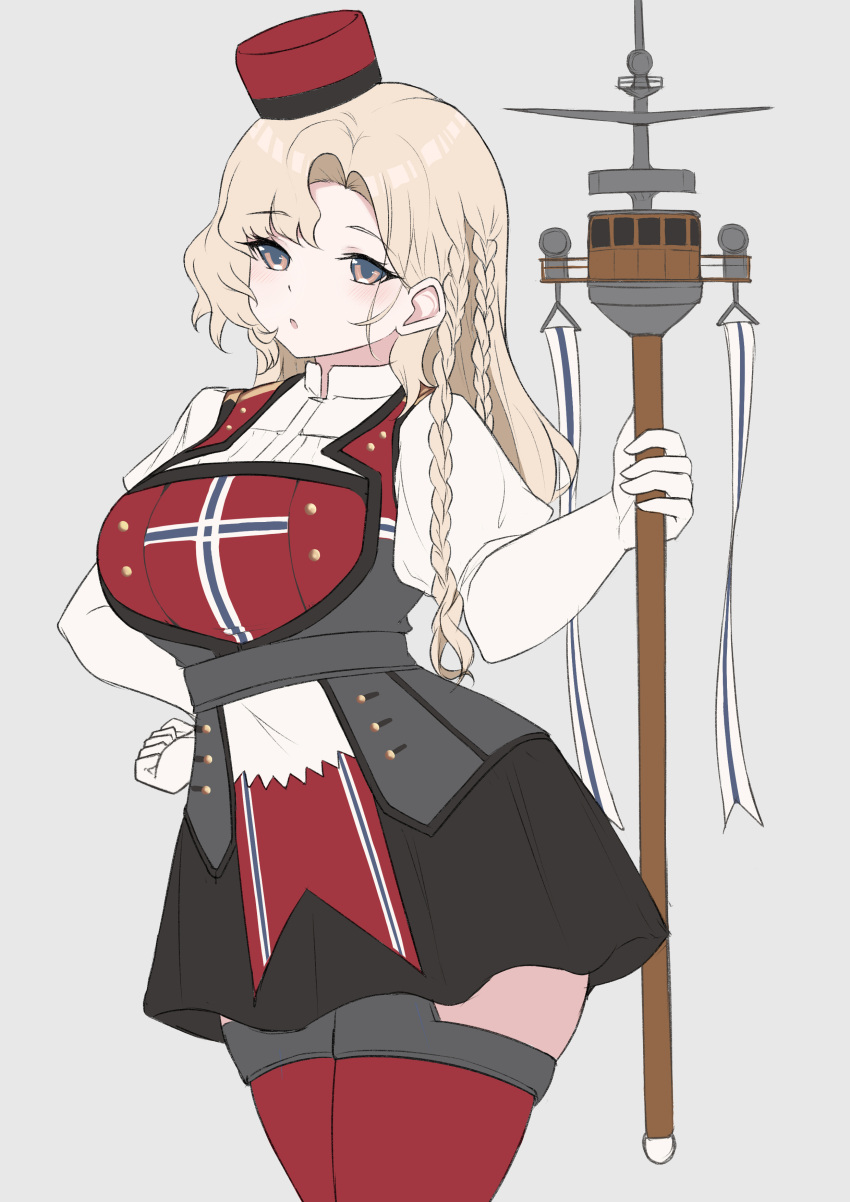 1girl, absurdres, blonde_hair, braid, breasts, brown_eyes, commentary, eidsvold_(kancolle)