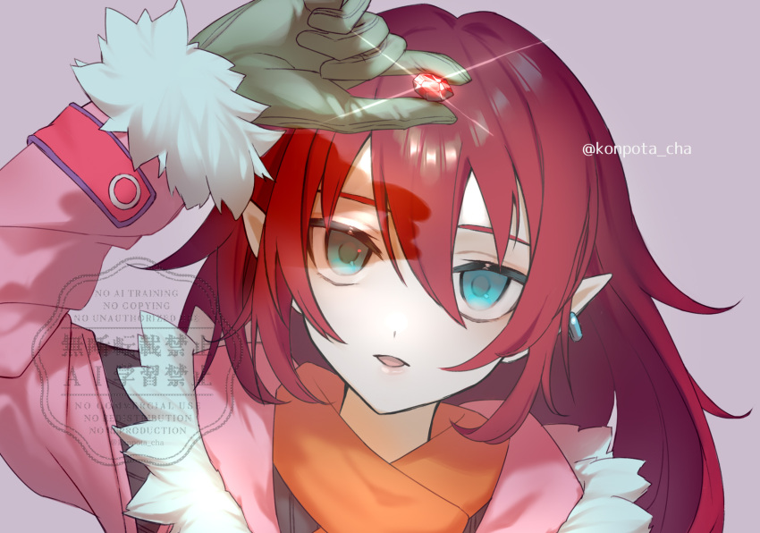 1girl, blue_eyes, coat, earrings, fur-trimmed_sleeves, fur_trim, gem, gloves
