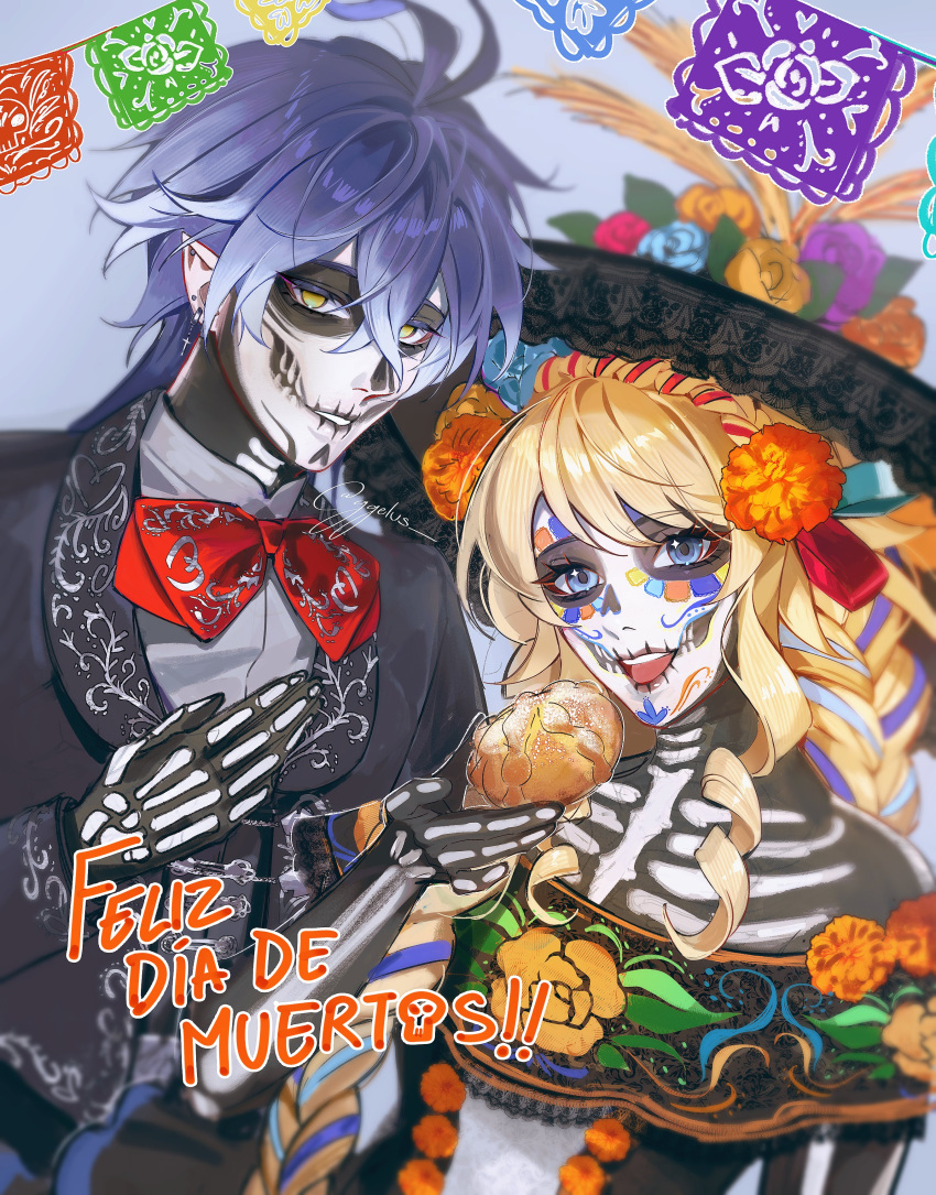 1boy, 1girl, absurdres, blue_eyes, day_of_the_dead, earrings, flins_(genshin_impact), flower, genshin_impact, ggelus, gloves, highres, jewelry, looking_at_viewer, multicolored_hair, navia_(genshin_impact), pointy_ears, skeleton, yellow_eyes