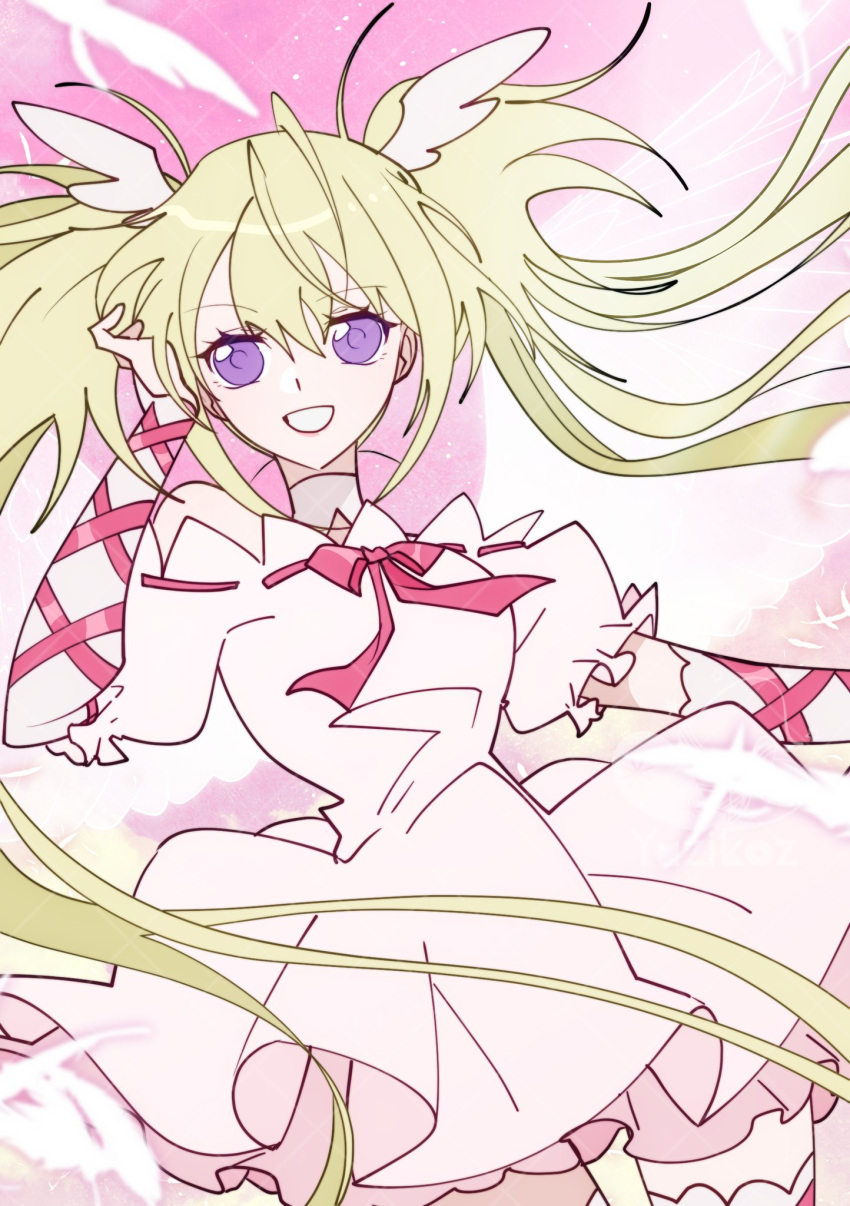 1girl, blonde_hair, clenched_teeth, commentary, cowboy_shot, dress, feathers, hashtag-only_commentary, highres, hoshina_utau, magical_girl, pink_dress, puffy_short_sleeves, puffy_sleeves, seraphic_charm, short_sleeves, shugo_chara!, sidelocks, smile, solo, symbol-only_commentary, teeth, twintails, violet_eyes, wings, yuzikoz_mega